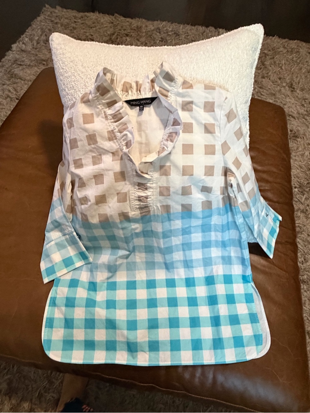 Ming Wang Beige and Light Blue Checked Ruffle V-Neck Button Down